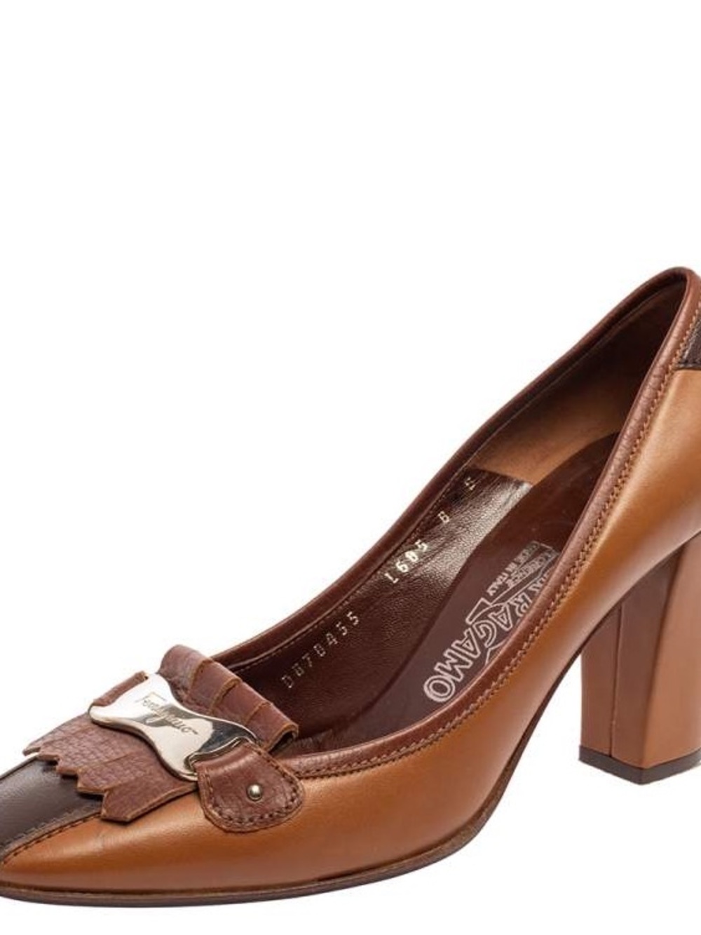 Salvatore Ferragamo Tan and Brown Leather Block Heel Pump